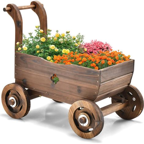 Chariot à Fleurs en Bois avec Roues et poignée, Chariot de Plantation avec Trou de Drainage, Diable Rustique, pour Jardin, terrasse, Pot de Fleurs, brouette, décoration de Jardin, jardinière (1/5)