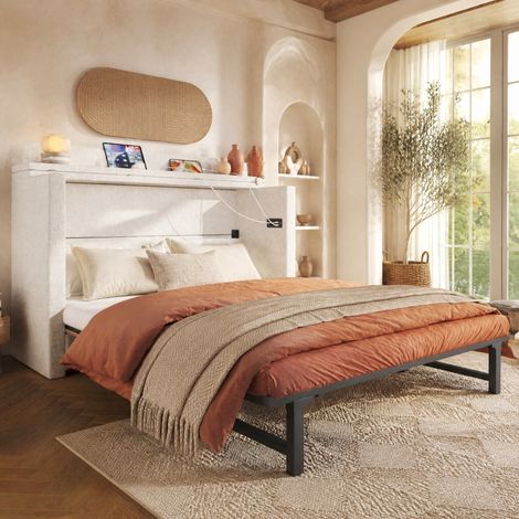 Cama abatible 140 x 200 en lino beige con cajón, USB y Type-C, sin colchón, OKWISH (1/5)