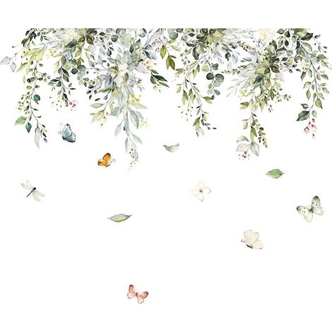 Stickers Muraux Feuilles Vertes Autocollants Muraux Aquarelle Plantes Grandes Sticker Mural Florales Papillon pour Salons Chambres Bureaux Canapé Fond Décoration Murale (1/5)