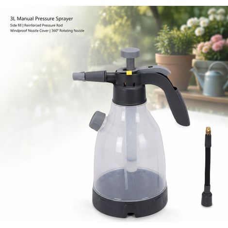 Spruzzatore a pressione da 3 litri - Ugello girevole a 360° - Antivento - Serbatoio laterale - PP 593 g per la pulizia di giardino e auto (1/4)