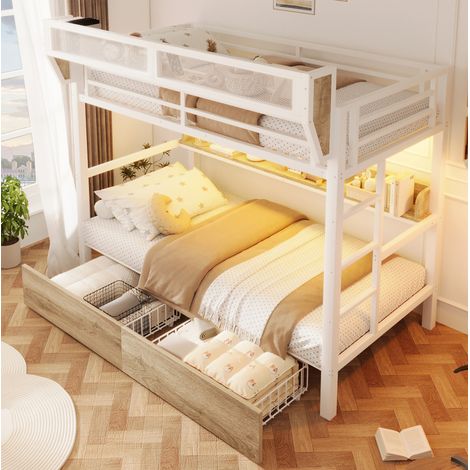Letto a castello moderno 90x200 cm in metallo e MDF bianco con mensole, 2 cassetti, cestino laterale e luce LED (1/5)