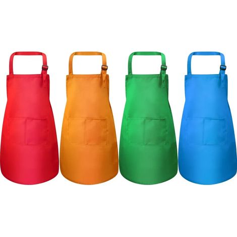Lot de 4 tabliers enfant réglables avec poche, pour cuisine, pâtisserie et peinture, couleurs vert orange rouge bleu, taille M 7-13 ans (1/5)