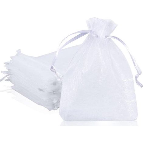 Sacchetti in organza bianca. Piccoli sacchetti regalo in organza. Sacchetti in organza con coulisse, ideali come sacchetti regalo per matrimoni, gioielli o altre occasioni. 1 (1/5)