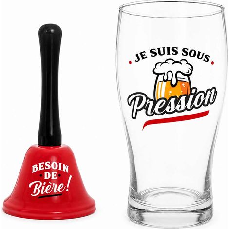 Coffret verre à bière 50 cl et clochette humoristique