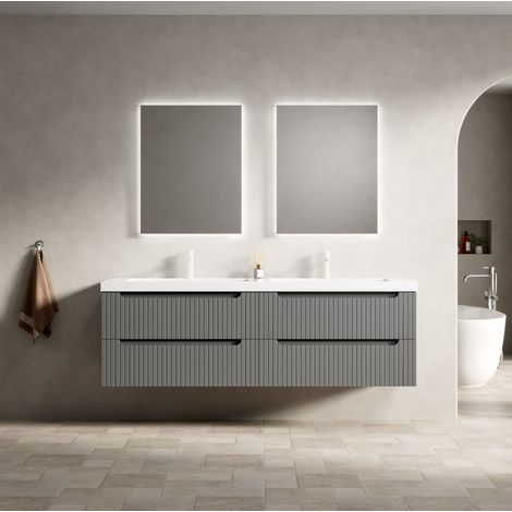 Waschtisch mit Unterschrank 160 cm, Mineralwerkstoff/Mehrschichtfurnier, Dunkelgrau oder Weiß, 2 Soft-Close-Schubladen (1/5)