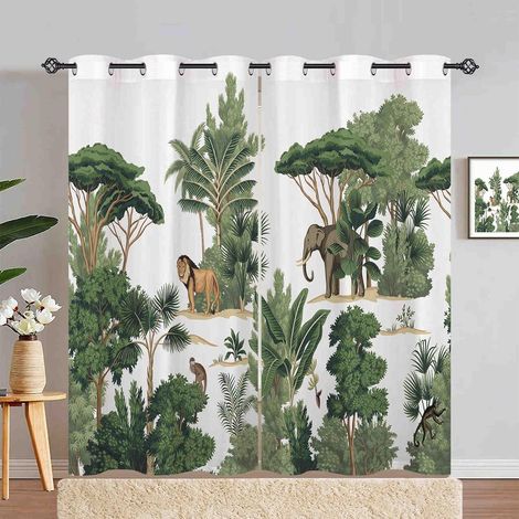 Rideau Occultant Jungle Lion Éléphant Singe Tenture Opaque à Oeillets Draperies Intérieurs Rideau Thermique Isolant pour Maison Chambre Salon Fenetre 2 Pièces L 132 x H 180 cm - 132L X 180H cm (2 Pann (1/5)