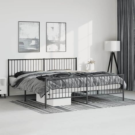 Cadre de lit métal sans matelas avec pied de lit noir 193x203cm (1/5)