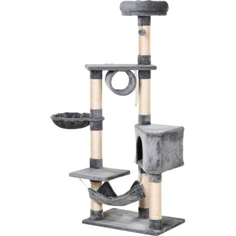 Arbre à chat gris 60x40x154 cm avec plateformes, tunnel, hamac et griffoir en sisal, accessoire design sobre pour intérieur pratique et espace de jeu complet