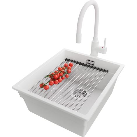 PRIMAGRAN Evier Cuisine en Granit 41x47cm, Lavabo 1 bac + Robinet 38x14cm + Kit de Vidage + Accessoire, Évier à Encastrer au meuble 45cm - Prague Slim, Blanc (1/5)