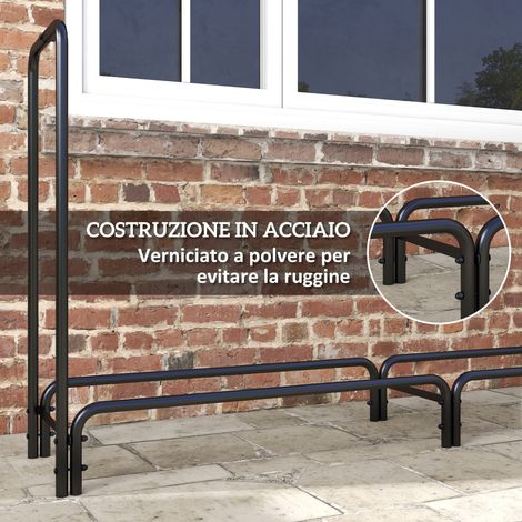Lot de 2 abris à bois métalliques noirs 240x36x99cm, support de rangement pour bûches avec couverture, usage intérieur/extérieur. (1/5)
