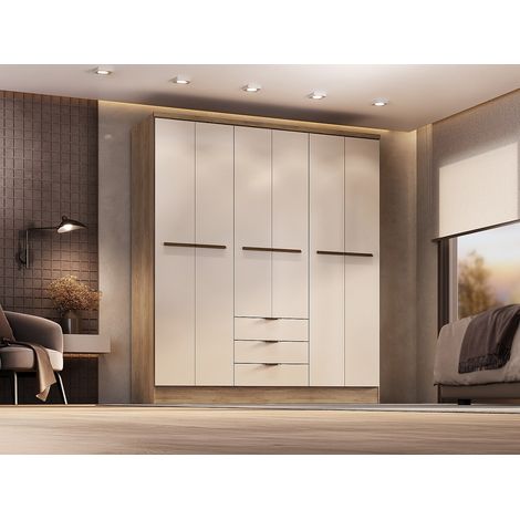Armadio 6 ante e 3 cassetti L180 cm Beige e naturale - PEROLI