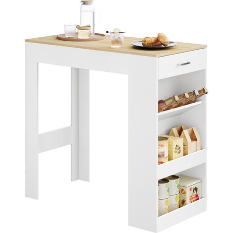 WOLTU Table de Bar, Table Haute Cuisine Bois d'Ingénierie, 1 Tiroir et 3 Compartiments Ouverts Rangement Latéral, 100x50x100 cm, Chêne Clair + Blanc