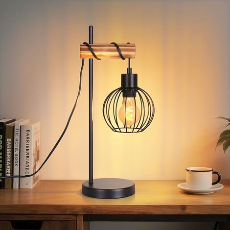 GBLY Lámpara de mesa para sala de estar, lámpara de mesa vintage de madera: lámpara de noche negra, 1 luz, diseño industrial, metal, casquillo E27, lámpara de noche retro para dormitorio- sin bombilla (1/5)