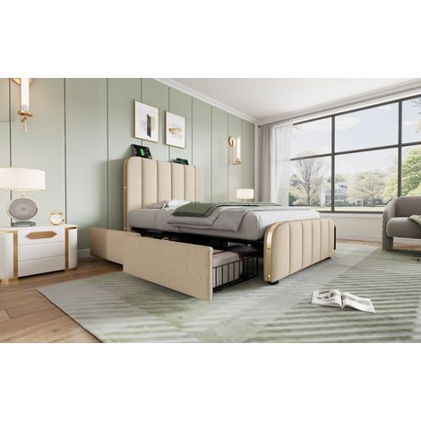 Base de cama 90x200 cm de lino beige con 4 cajones y USB, ahorra espacio, sin colchón – MEUBLIV (1/5)