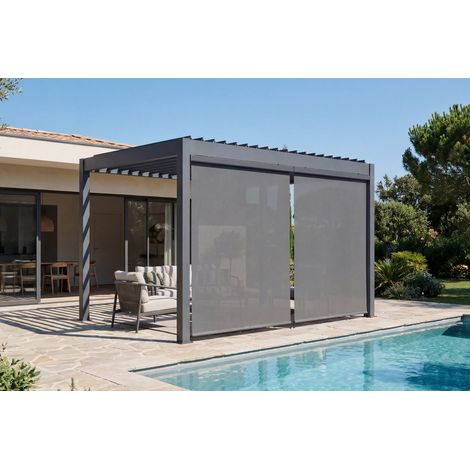 PIANA 3x2,5m freistehende, bioklimatische Pergola aus grauem Aluminium mit einziehbaren Jalousien an der 3m Seite (1/5)