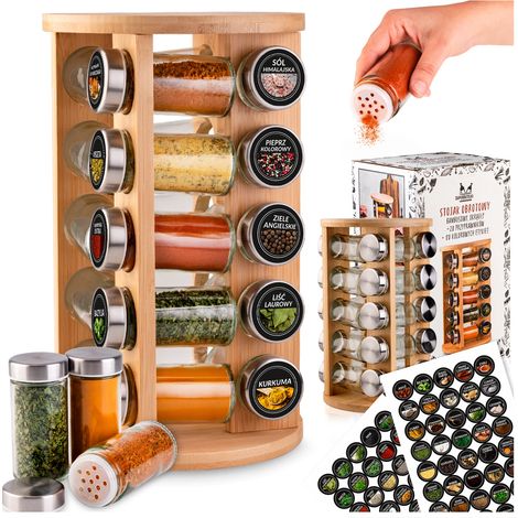 Supporto girevole rotondo in legno + 20 portaspezie + 75 etichette colorate per spezie, misura 36 (Set PL)