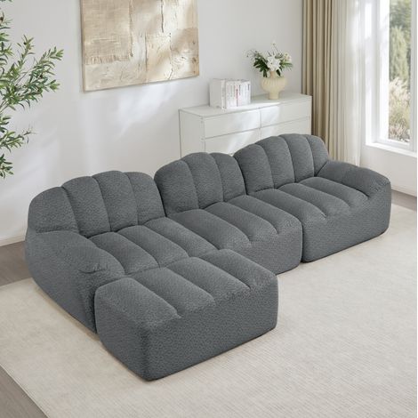 Divano modulare angolare 3 posti con 1 pouf, schiuma ad alta densità 32D, tessuto grigio (1/5)
