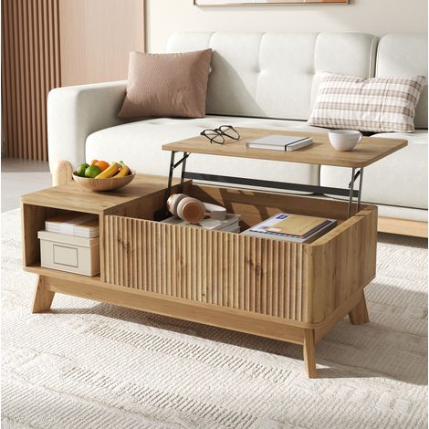 Couchtisch mit Hubfunktion, Stauraum und offenem Seitenfach, 95 x 48 x 50 cm, Natur, OKMYHOME (1/5)