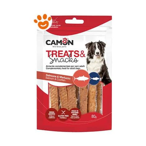 Camon Dog Treats&Snack Strisce di Salmone e Merluzzo - Confezione 80 Gr - Snack