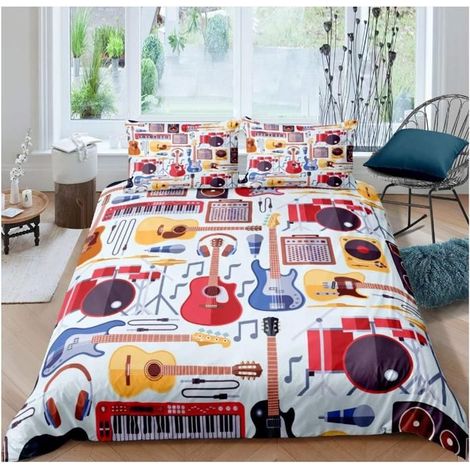 Guitare Parure de Lit 220x240cm Musique Thème Housse de Couette Coloré Musical Pattern Ensembles de Housse de Couette - UBQ (1/4)