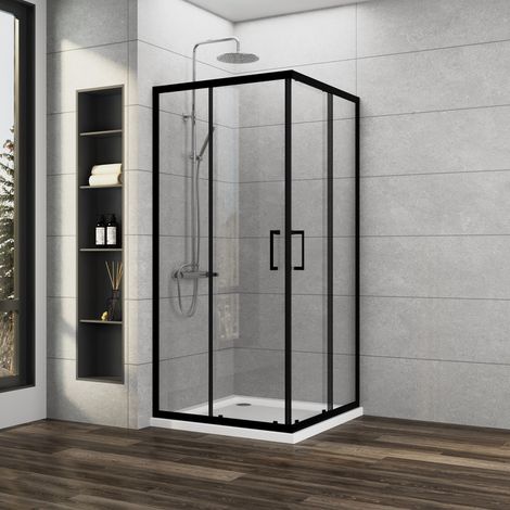 Duschkabine 100x100cm Schwarz Schiebetür Eckeinstieg Duschkabine mit Schiebetüren 6mm ESG Glas Duschschiebetür Duschabtrennung Eckeinstieg Dusche Duschwand Höhe 185cm (1/5)