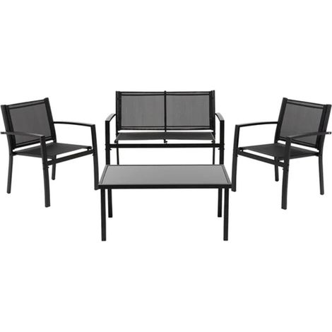TRADE SHOP - Set Salotto Da Giardino 4pz In Metallo Tavolino Con Piano Vetro Temperato 2 Sedie Panchina - Antracite (1/5)