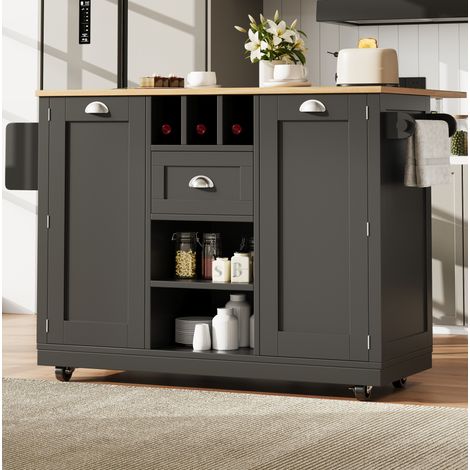 Îlot de cuisine 140/70/93,5 cm noir avec plateau rabattable, roulettes et range-bouteilles (1/5)