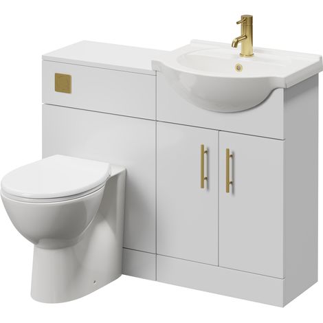 Alexander James Gloss White 1050mm 2 Door Vanity Unit Toilet Suite - 1050mm - Brushed Brass 96mm Knurled Bar HandleJames Toilet Pan and Seat