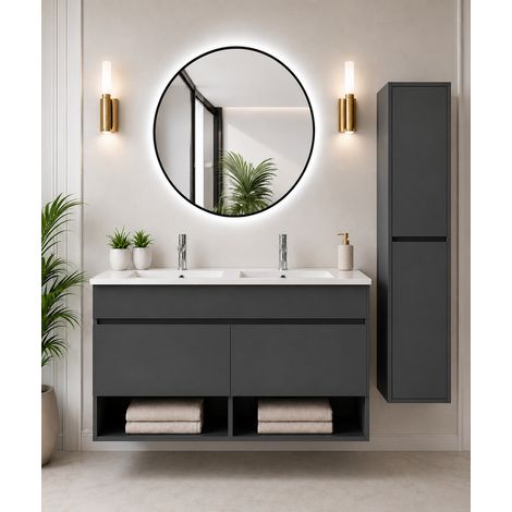 Badmöbel hängend mit Waschbecken extra flach ORIGENBATH NEBARI mit Türen ohne Spiegel 120x45 cm Doppelwaschbecken graphit mit Säule