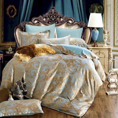 Ensemble de literie 200x220 cm en satin avec housse de couette jaune et bleue, motif jacquard brodé fleuri, parure de lit réversible en soie et moderne, couette avec fermeture (1/5)