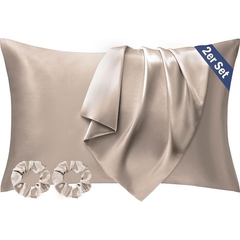 Lot de 2 Housses de Coussin en Satin 50 x 70 cm - Taupe - Taie d'oreiller en Soie - pour Cheveux et Peau - Housse de Coussin Douce pour Cheveux et Peau - avec 2 élastiques à Cheveux en Soie (1/5)