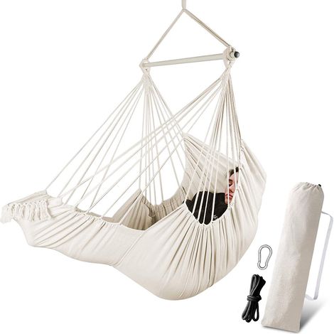 Sedile sospeso, sedia sospesa, amaca, 2 cuscini inclusi, robusta barra di supporto, tessuto di cotone morbido, tasca laterale, set sedia con pompon, poggiapiedi, comodo poggia polpacci (1/4)