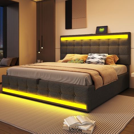 Polsterbett 180x200 Grau mit hydraulischem Stauraum, LED-Beleuchtung per App-Steuerung, USB-Anschluss und höhenverstellbarem Kopfteil aus Leinen (1/5)