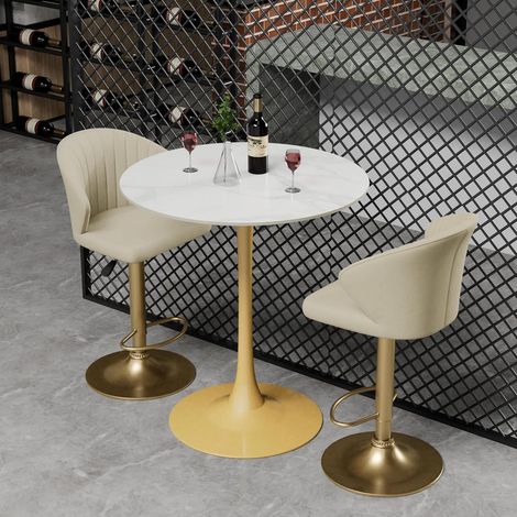 Tavolo Rotondo da Bar Bistro Marmo, Pietra Sinterizzata Bianco, Base Dorata, Elegante Super Resistente, Diametro 76cm Altezza 100cm (1/5)
