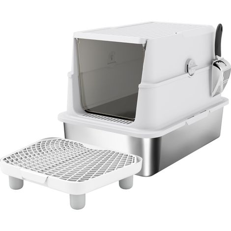 Litière pour chat en acier inoxydable XL, grand espace fermé anti-odeurs, couvercle rabattable, pelle incluse, gris clair pour grands chats – CHICFURN (1/5)