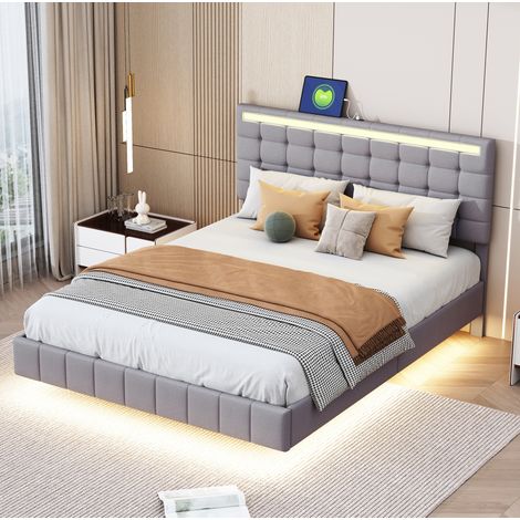 Letto imbottito in tessuto grigio 140x200 cm con LED e piedi nascosti, rete a doghe inclusa (1/5)
