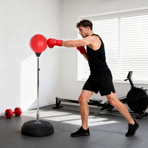 Sac Boxe Debout Niveaux Hauteur Réglable 126 144 Base Rechargeable Gants Rouges Noirs