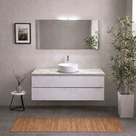 Mobile Bagno Sospeso 120 Cm Bianco Export Con Top Beton Specchio 120X60 E Lampada Berlin