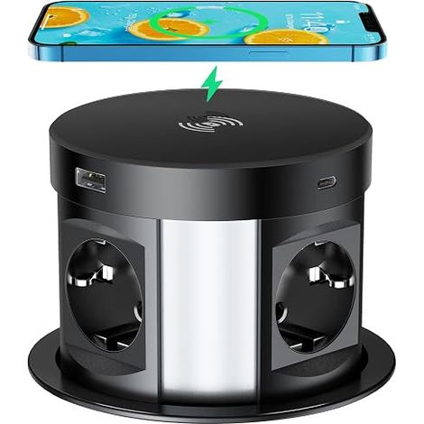 Prise Encastrable Plan de Travail et Bureau, 4 Prises AC + 2 + 2, Chargeur sans Fil, Multiprise Escamotable, 1,7m de Câble, Noir (1/5)