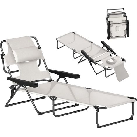 Chaise longue de jardin pliante dossier réglable sur 4 niveaux, trou de lecture et appui-tête 72 x 194 x 89 cm crème (1/5)