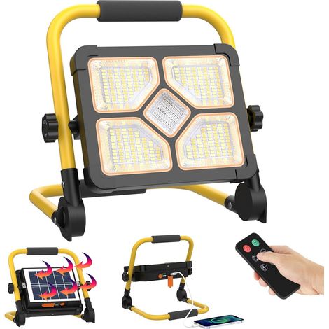 150W Projecteur LED Rechargeable Avec Télécommande et Support Batterie 15000mAh, 5 Modes, 296 perles LED, Panneau Solaire, Lampe de Travail pour Camping, Extérieur, Chantier, Atelier (1/5)