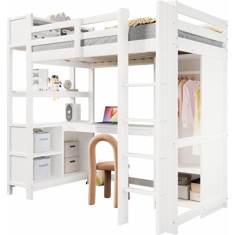 Lit mezzanine 90x200 cm avec bureau, étagères, placards et rangements ouverts, blanc, sans matelas, pour chambre enfant ou étudiant - CHICFURN (1/5)