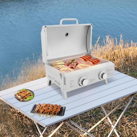 Gastro Gasgrill,Gastrogasgrill, Wurstbrater, Tisch grill,Tisch-Gasgrill mit 2 Brennern – 55x45cm Edelstahl-Grillrost, klappbar & tragbar, inkl. Pizzastein & Regler für Camping/Garten (1/5)