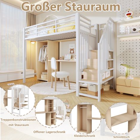 Lit mezzanine fer blanc 90x200cm avec armoire bureau escalier rangements