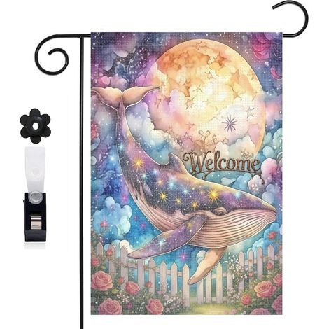 Drapeau de jardin 30 x 45 cm motif baleine et décor océan fantastique toile double face pour extérieur (1/5)