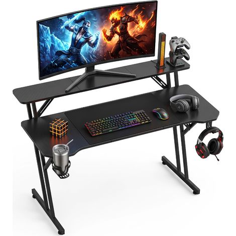 TolleTour Table gaming 120x60 cm bureau PC à étagère pied en Z grand tapis noir (1/5)