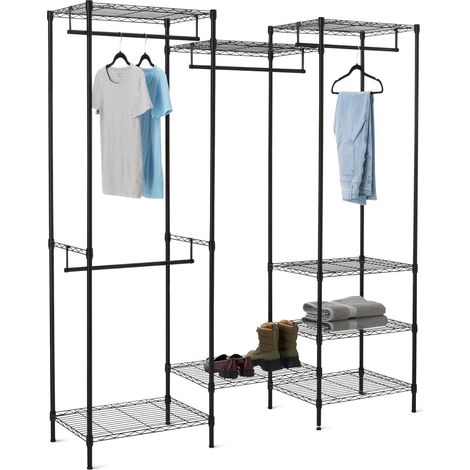Système de rangement en métal avec étagères et tringles pour dressing, Noir, 178 x 46 x 193 cm