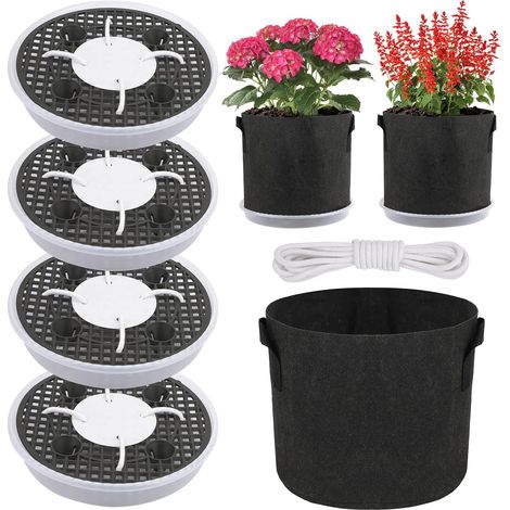 Lot de 4 Soucoupes en Tissu à Arrosage Automatique, 32cm Pot Fleurs Maille Pad Grille Pot Fleur avec Sacs de Plantation de 5 gallons pour Intérieur Balcon Extérieur Jardin (1/5)