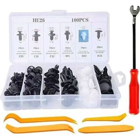 100 Pcs Rivet Clips Plastique + 5 Pcs Outils de Démontage, Clips de Fixation Voiture Agrafe Voiture Plastique Universelle pour Auto Voitures Panneaux de Portes (1/5)