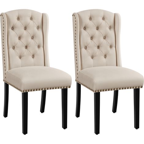 Yaheetech Lot de 2 Chaises de Salle à Manger en Tissu Effet Lin Design Classique Boutonné Ensemble de Chaises de Cuisine Rembourrées avec Pieds en Bois Massif Garniture Clou Dorés Beige (1/5)